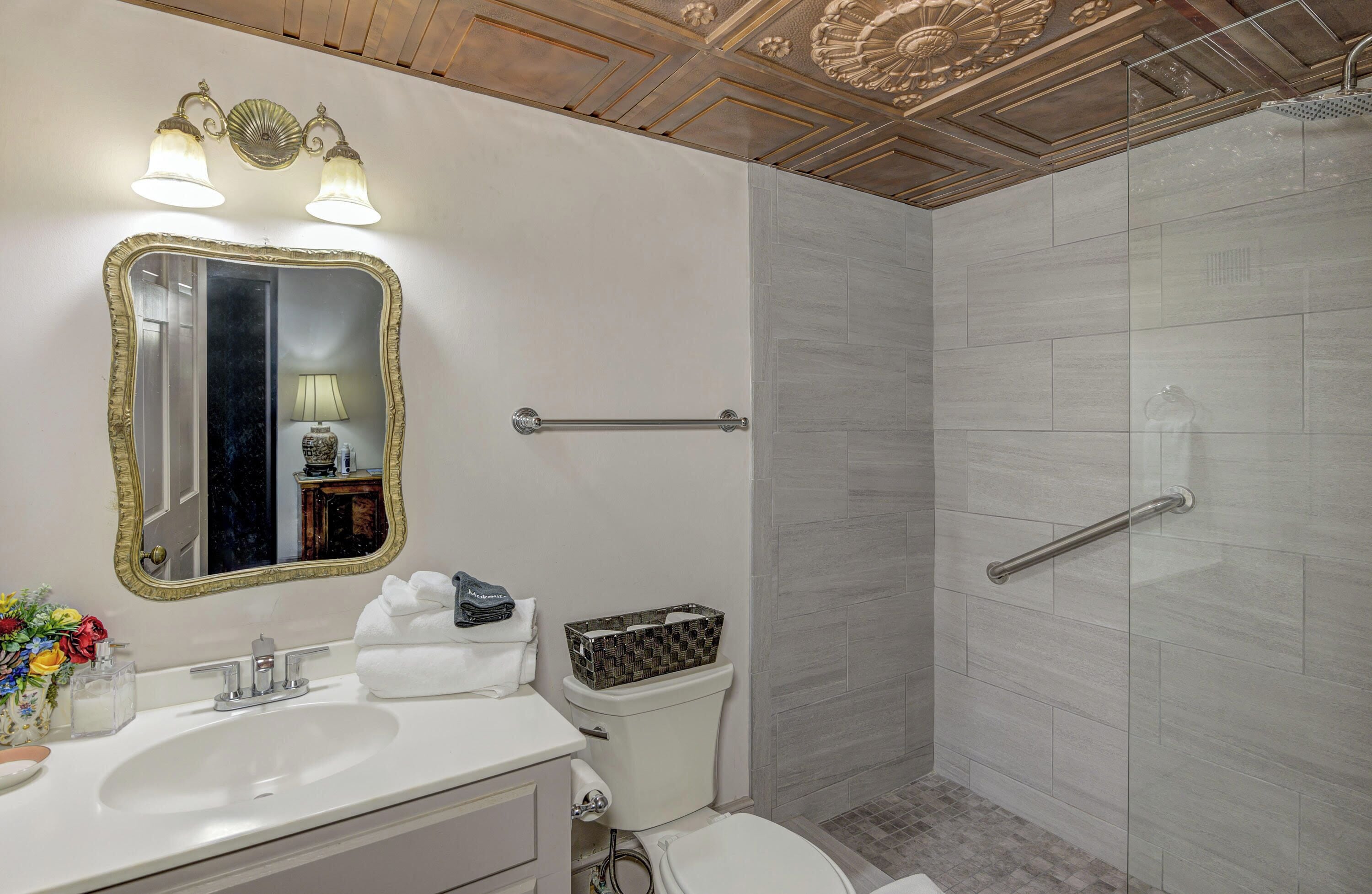 Baño con lavamanos blanco, un espejo grande con marco dorado, toallero y zona de ducha con barra de apoyo.
