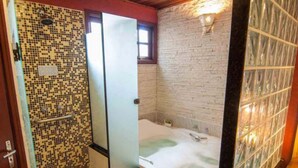 Un baño con ducha de mosaicos, bañera con mampara de vidrio y pared de ladrillo.
