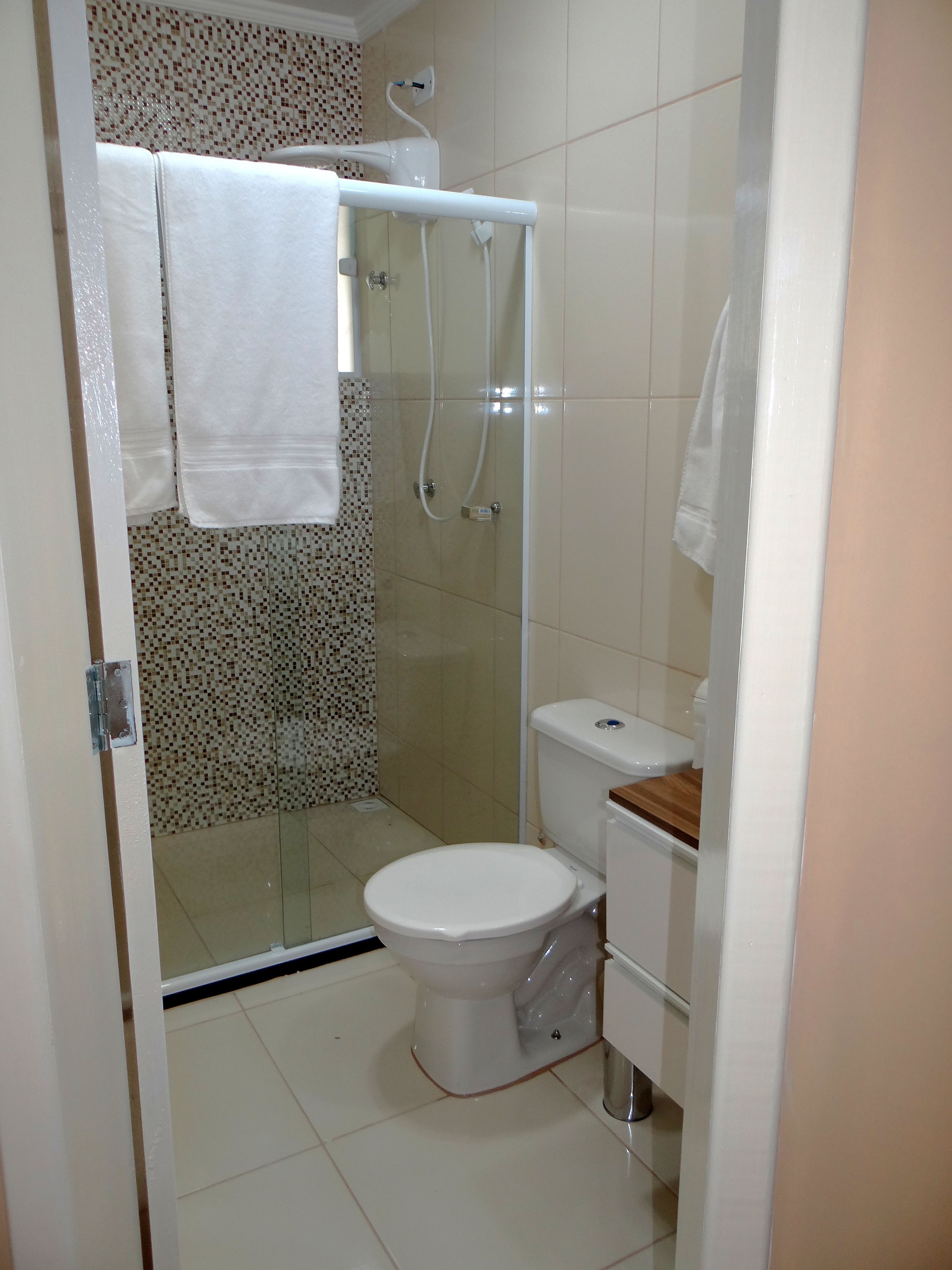 Un baño con ducha de vidrio, inodoro y lavamanos con encimera de madera.