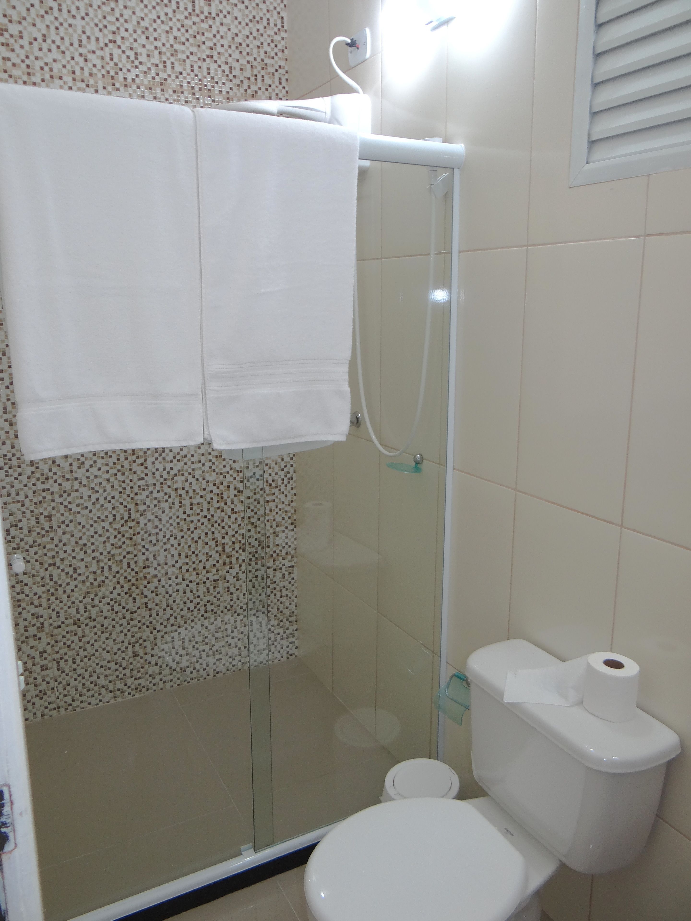 A bathroom with a glass shower enclosure, a toilet, and a towel rack with two towels.
