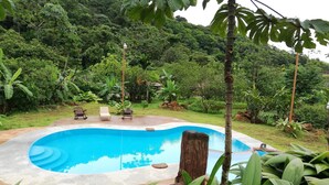 A swimming pool surrounded by lush greenery and a few lounge chairs. - Hotel Catarata Río Celeste (Katira)