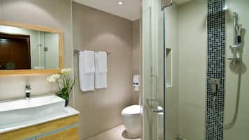 Shower, rainfall showerhead, hair dryer, slippers