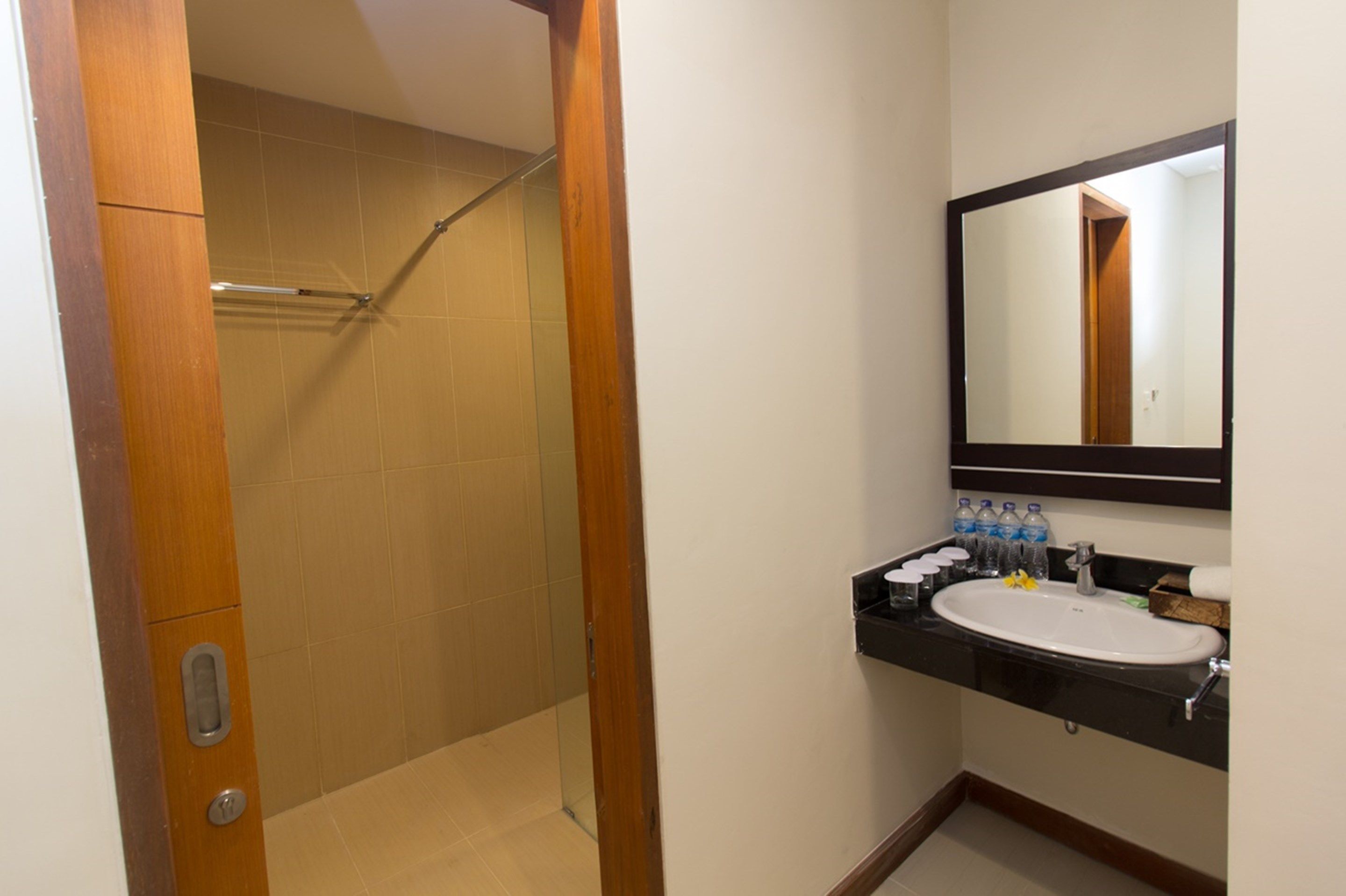 A bathroom with a shower, a sink, and a mirror.
