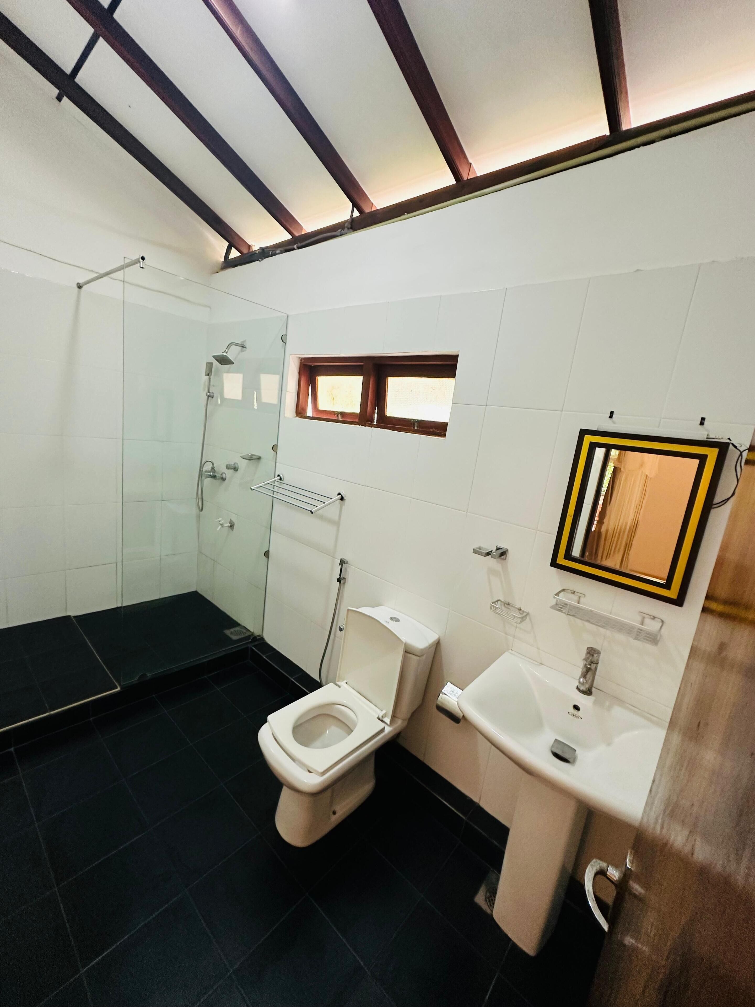 A modern bathroom with a glass shower enclosure, a toilet, and a sink.
