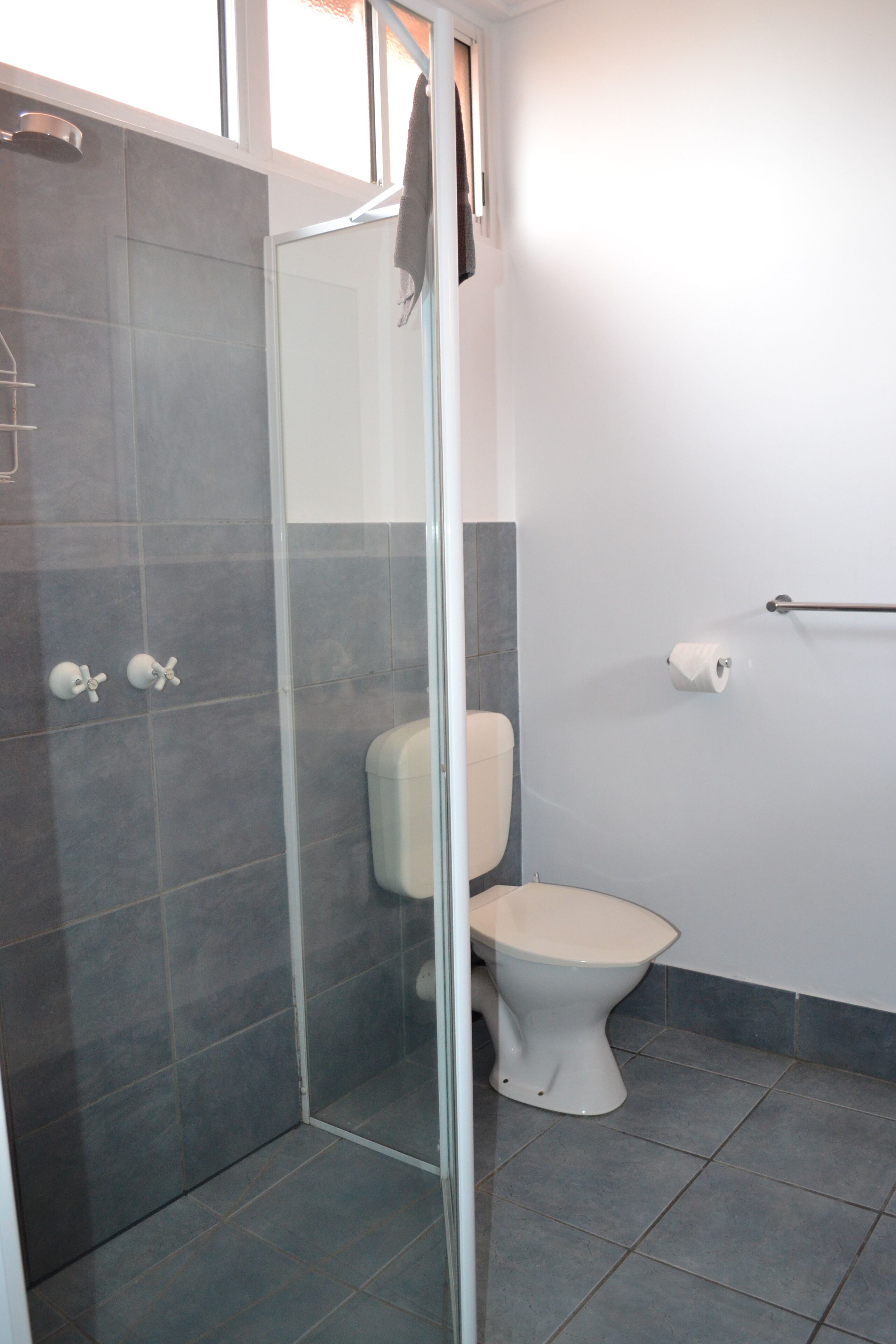 Une salle de bain avec une douche à parois de verre, des toilettes et un porte-serviettes.