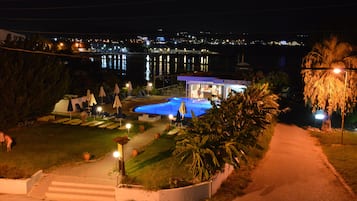 Outdoor pool, pool umbrellas, pool loungers