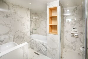 Shower, rainfall showerhead, hair dryer, bathrobes