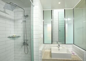 Shower, rainfall showerhead, hair dryer, bathrobes