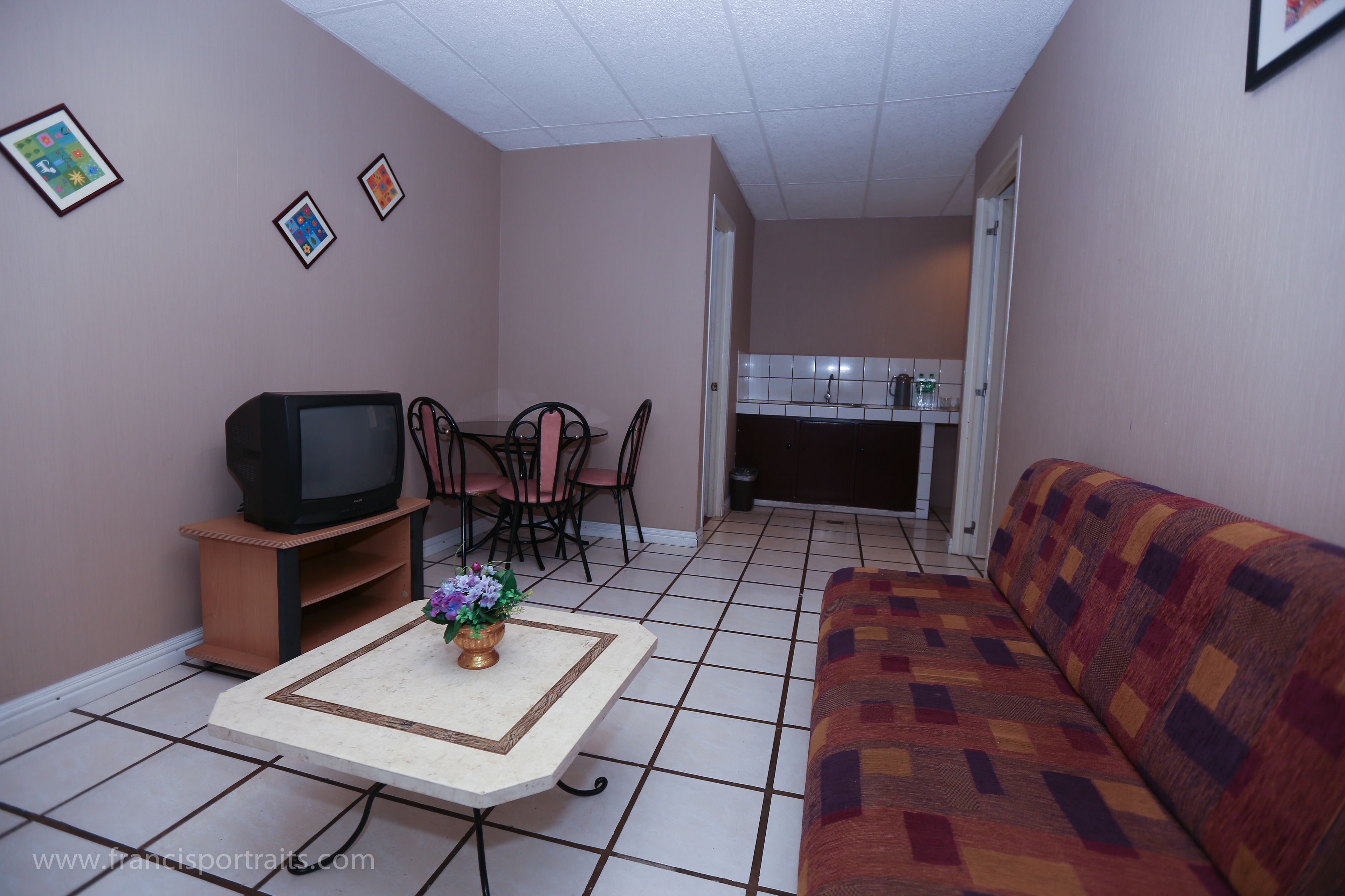 A compact living space with a sofa, a small dining table with chairs, a television on a stand, and a kitchen area visible through an open doorway.
