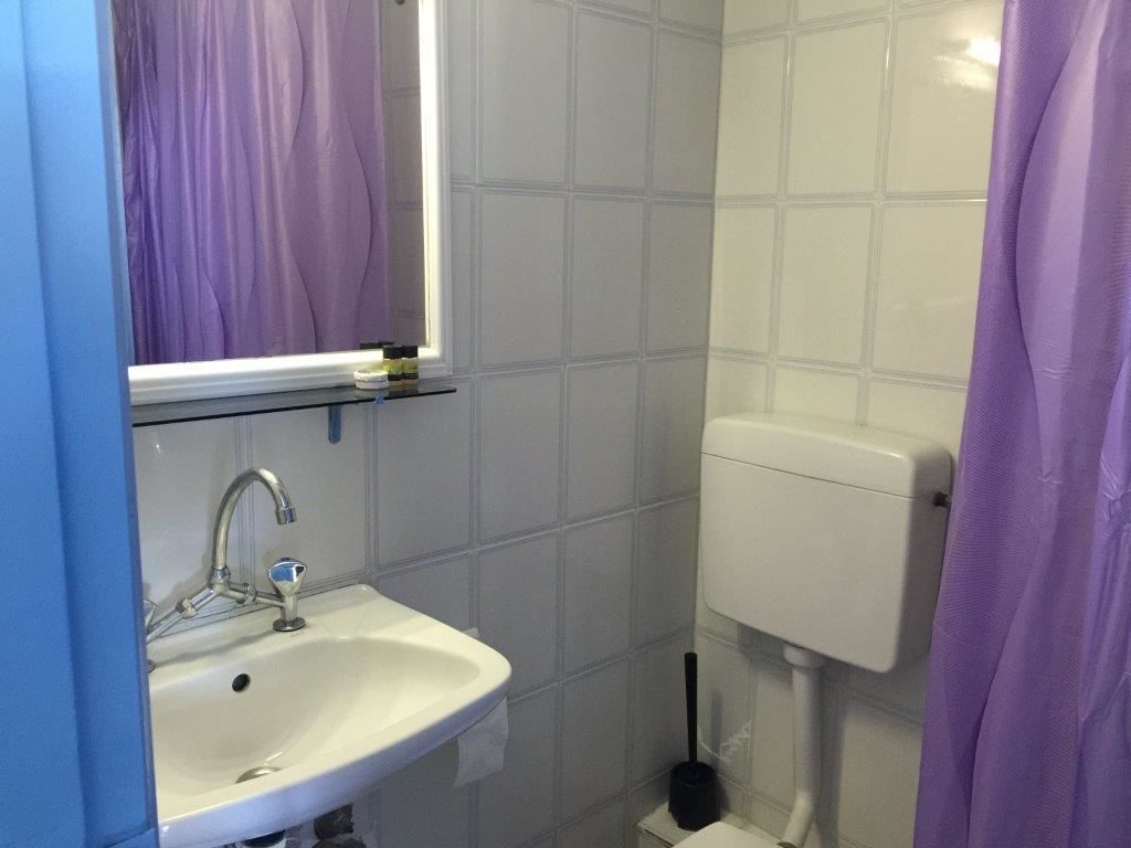 A bathroom with a white sink, a mirror, a toilet, and a purple shower curtain.