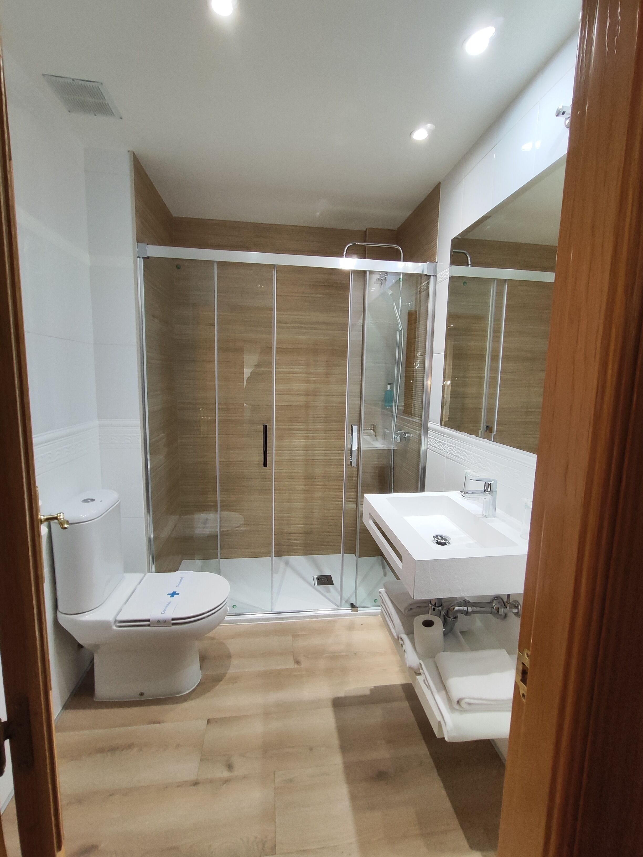 A modern bathroom with a glass-enclosed shower, a white toilet, and a sink with a mirror.
