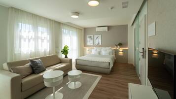 Desk, blackout curtains, free cots/infant beds, free WiFi