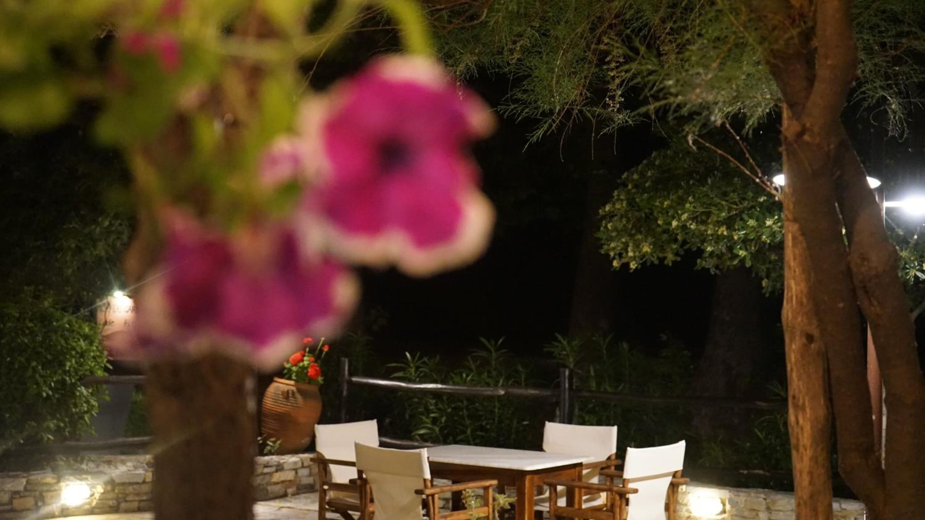 Un área de comedor al aire libre con una mesa y sillas, rodeada de árboles y un muro de piedra.