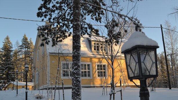 Lumipeitteinen talo, jossa on selvästi näkyvissä oleva ikkuna ja katulamppu etualalla.