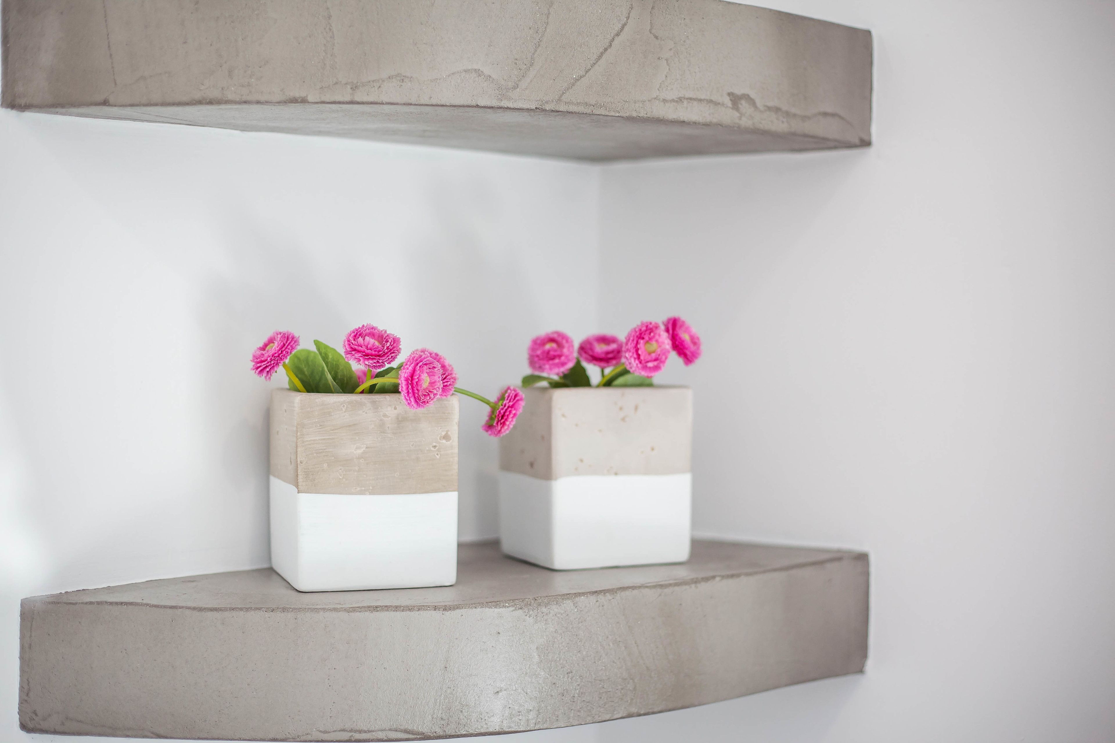 Deux jardinières carrées en béton, ornées de fleurs roses, sont posées sur une étagère en béton, le tout adossé à un mur blanc.