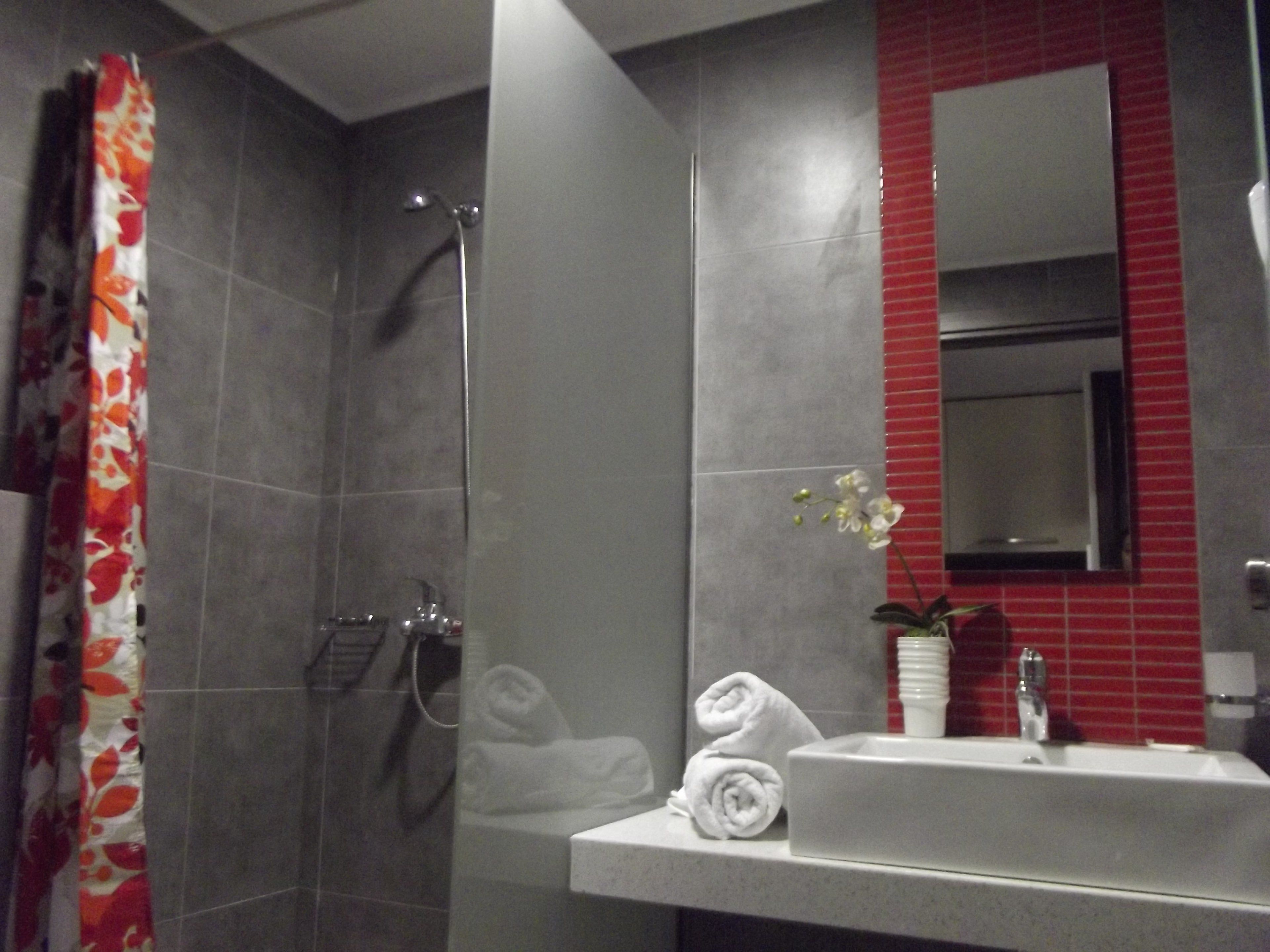A bathroom with a shower, a sink, and a mirror.