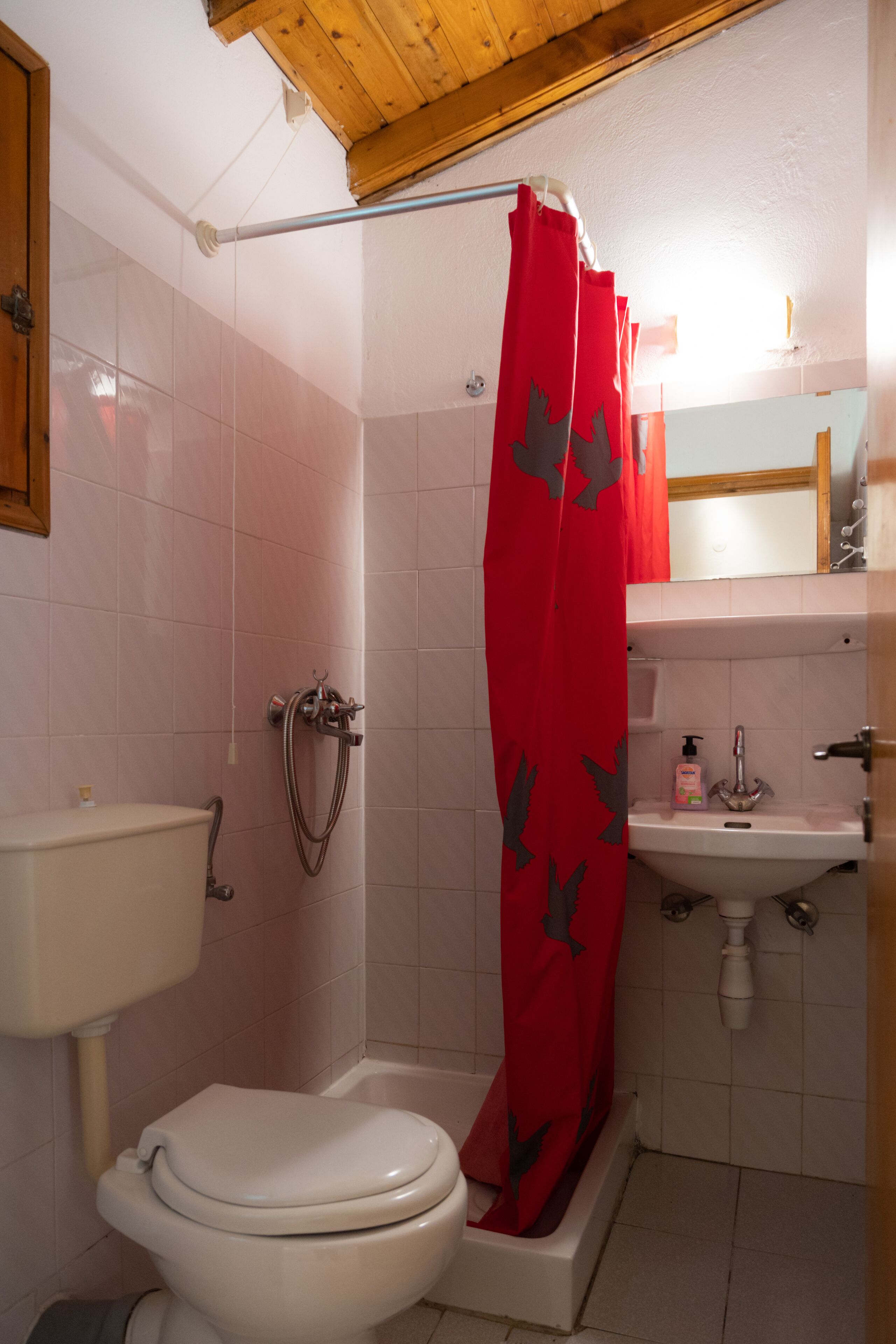 A bathroom with a shower, toilet, sink, and a wooden ceiling.