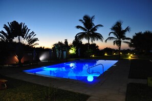 Outdoor pool, pool umbrellas, pool loungers