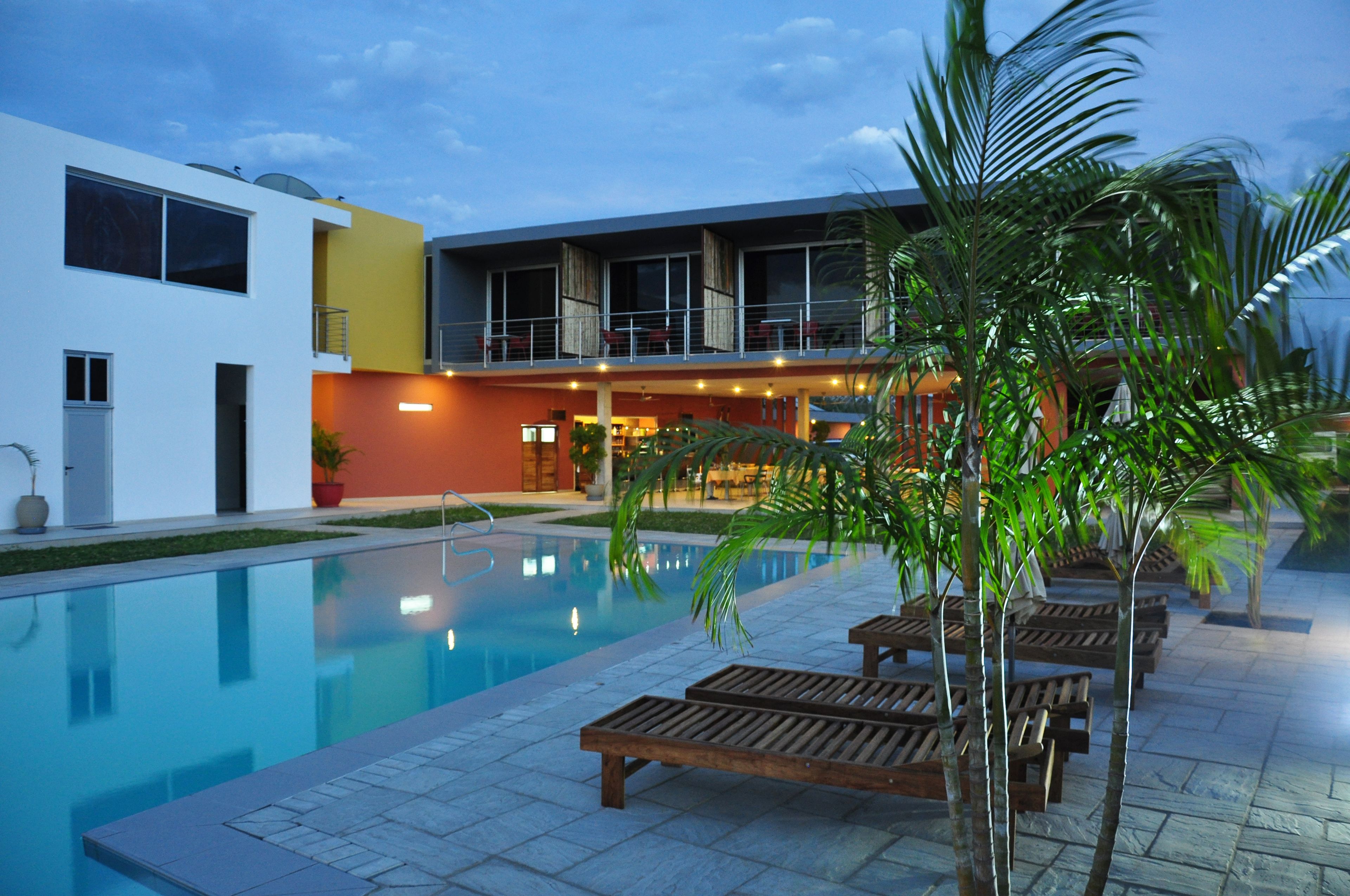 Outdoor pool, pool umbrellas, pool loungers