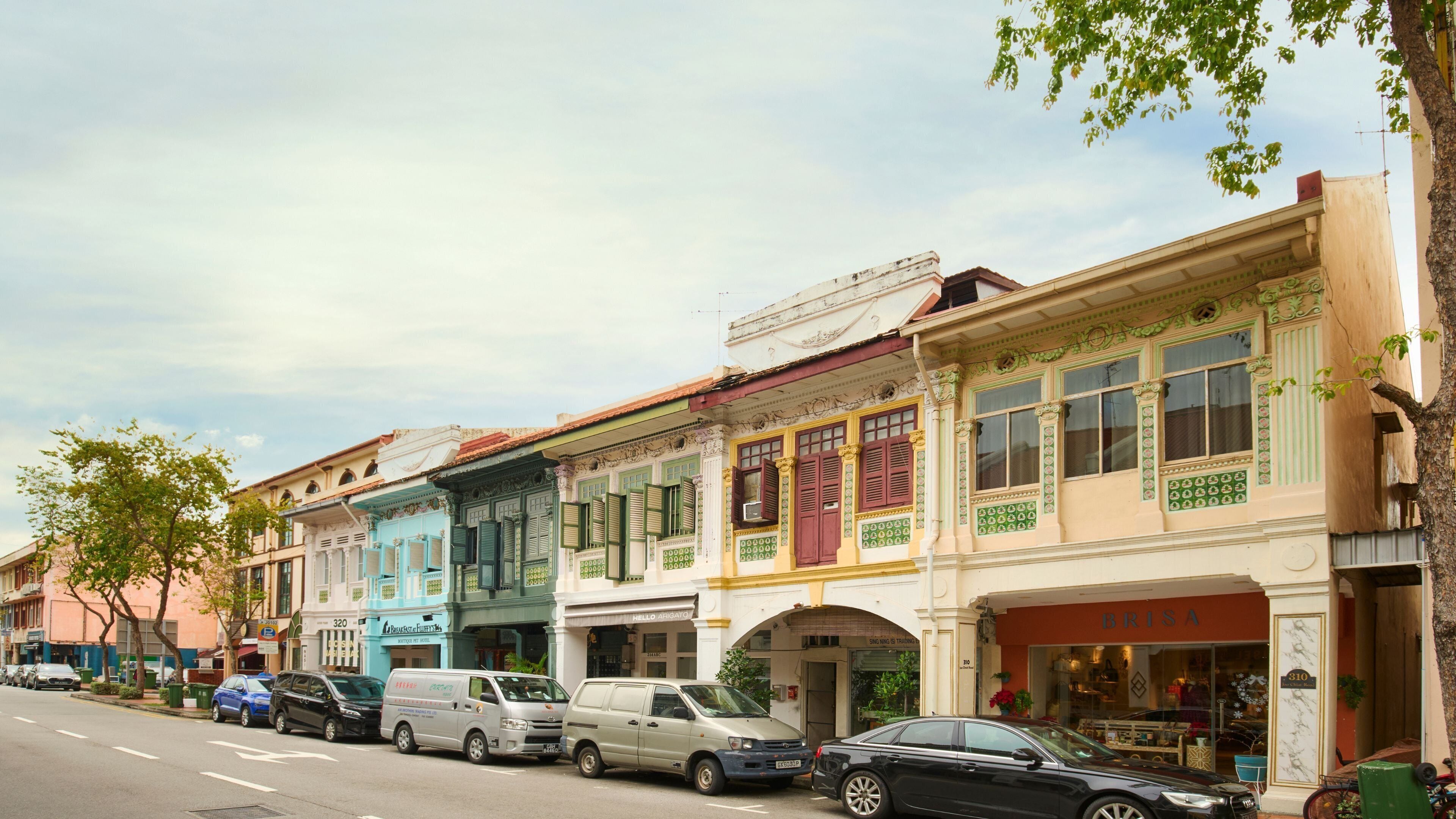 A row of colorful buildings with a variety of storefronts, including a visible sign for a store named 'BRISA'.