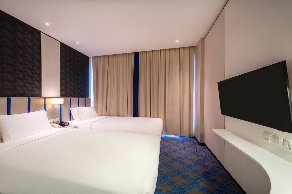 Een hotelkamer met twee bedden, een televisie, een lamp en een kamerbreed tapijt met een patroon.