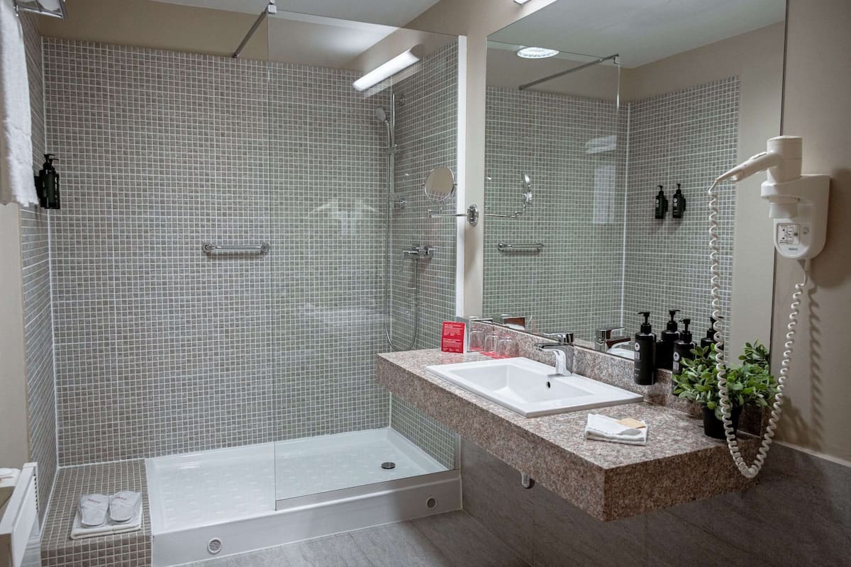 shower, free toiletries, hair dryer, slippers