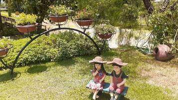Relax on a rustic swing surrounded by lush greenery and serene water views.