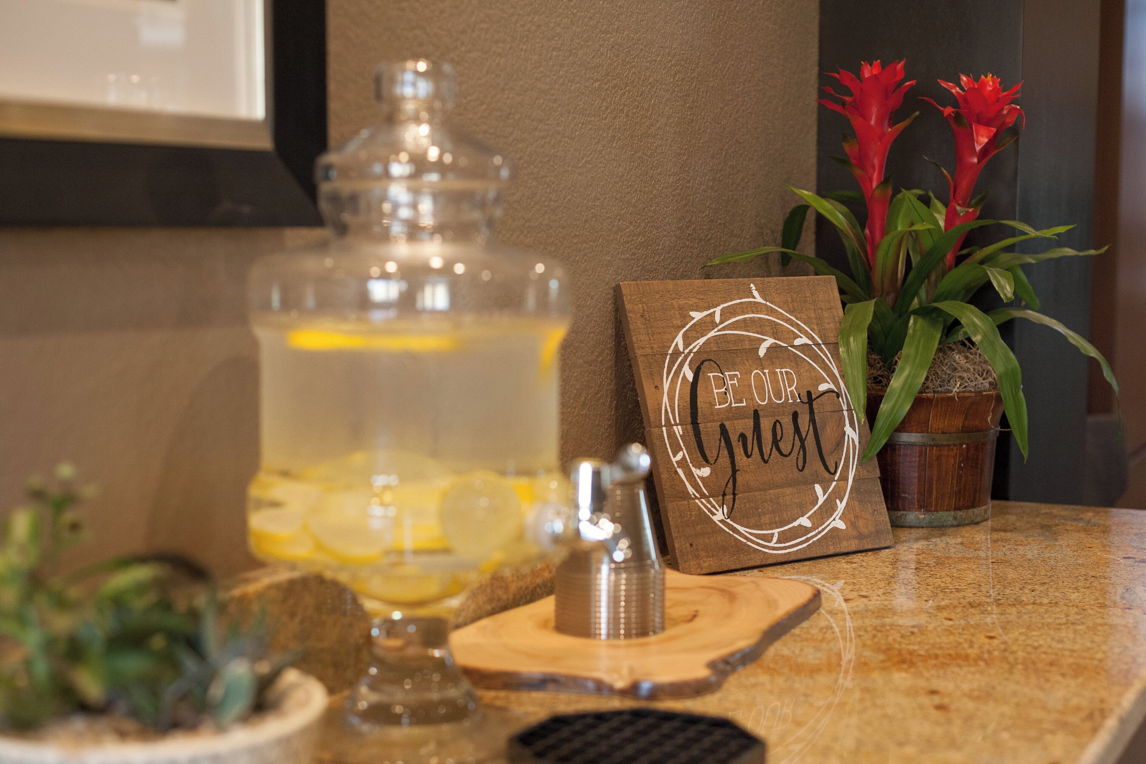 A kitchen counter with a glass water dispenser, a wooden cutting board, a metal grater, and a potted plant with red flowers.