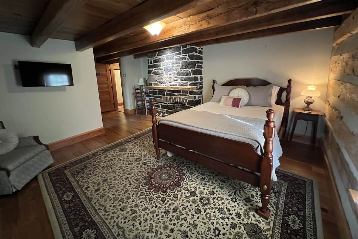 A bedroom with a wooden bed, a stone wall, a television, and a lamp.