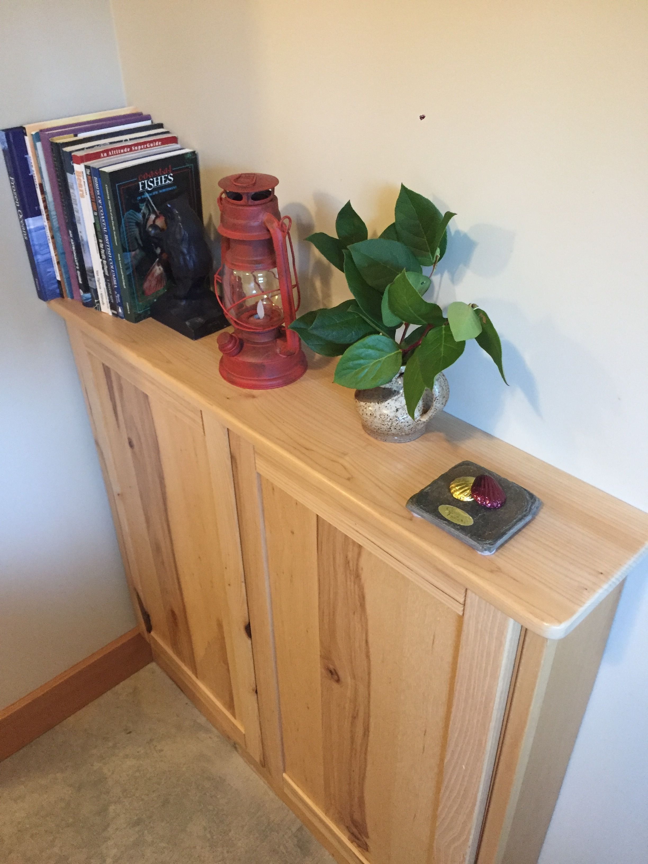 A wooden cabinet with books, a red lantern, a potted plant, and decorative items.