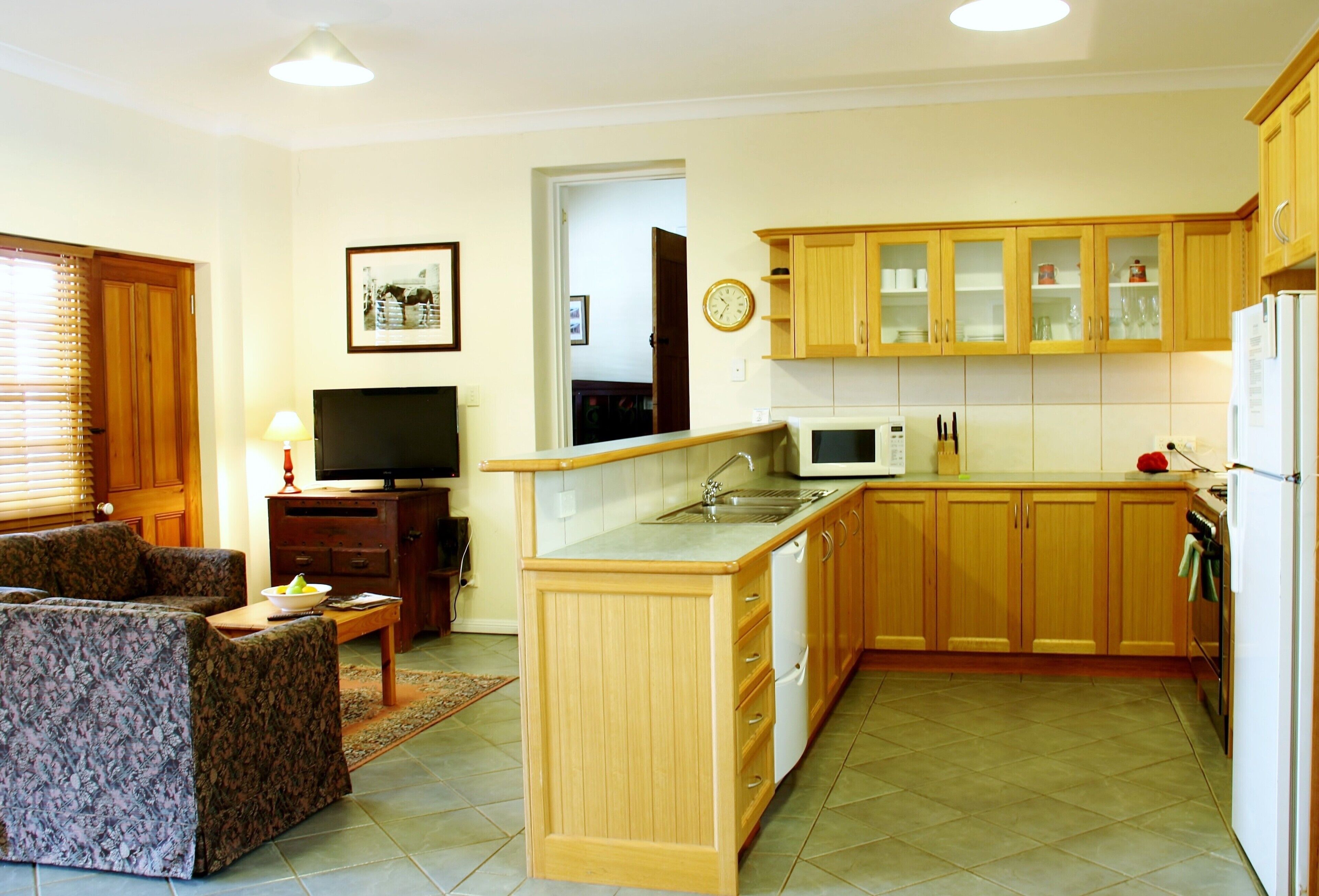 Cocina compacta con armarios de madera, microondas, lavamanos y televisor.