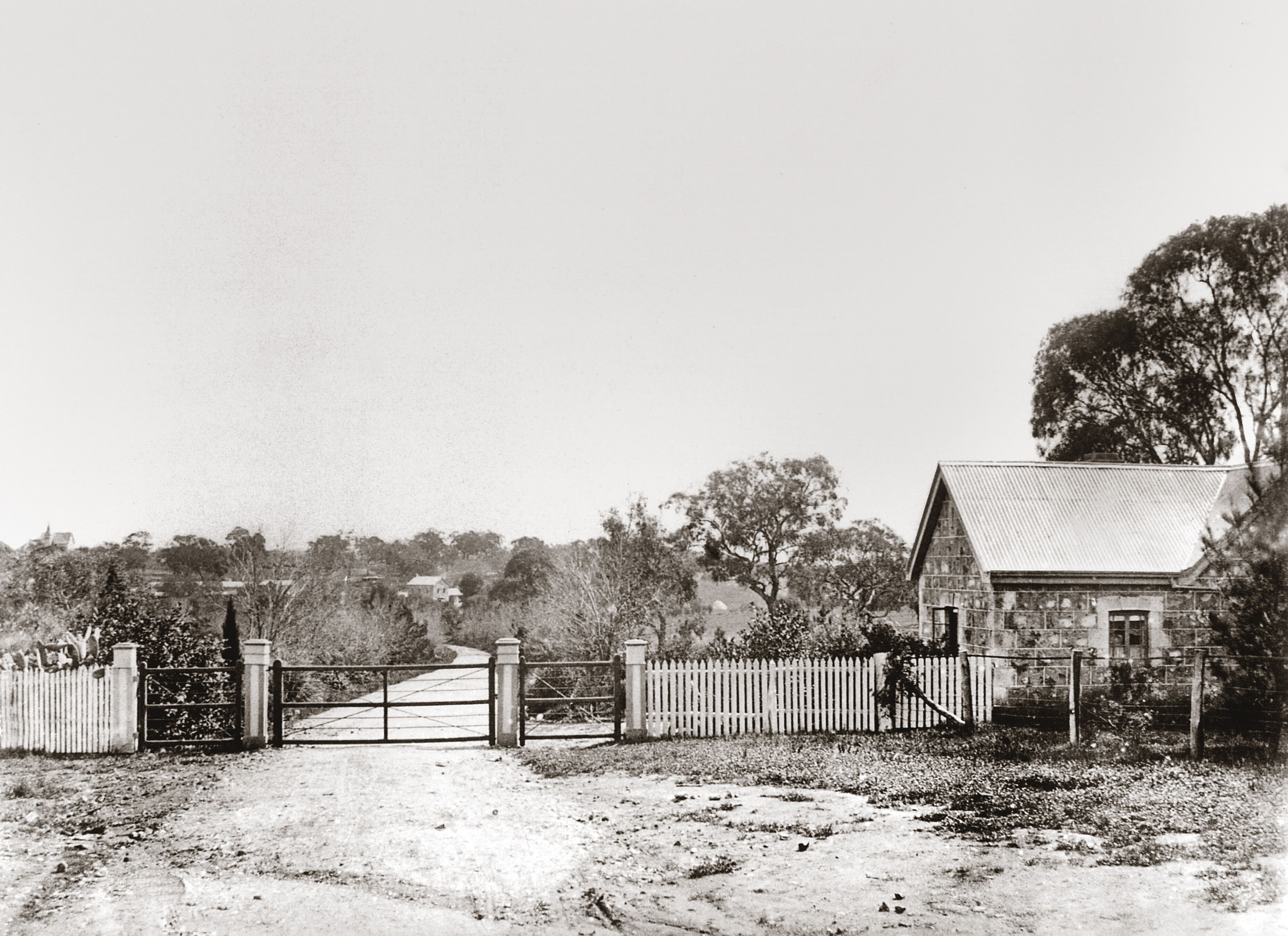 A rustic wooden house with a metal roof, surrounded by a wooden fence and trees.