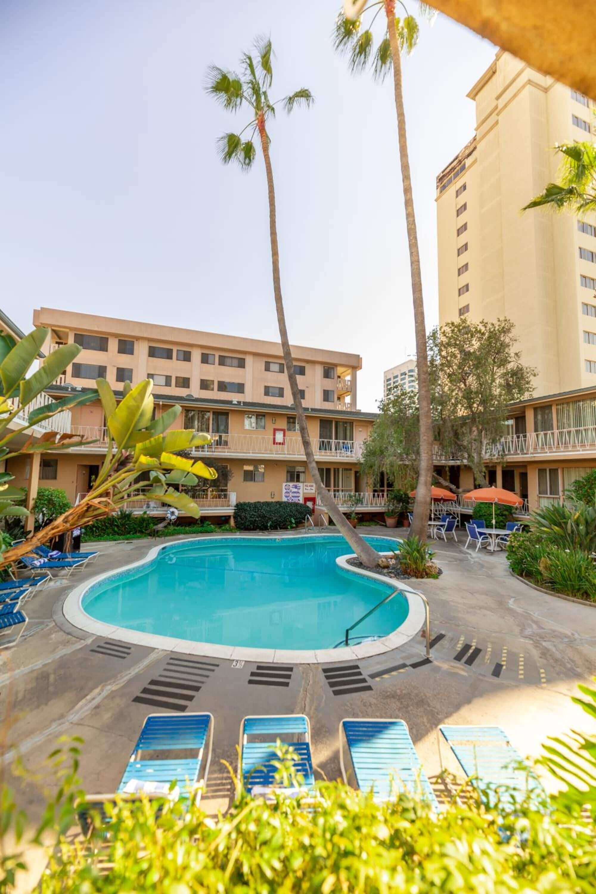 Zona de piscina con sillones de descanso, palmeras y un edificio con balcones.