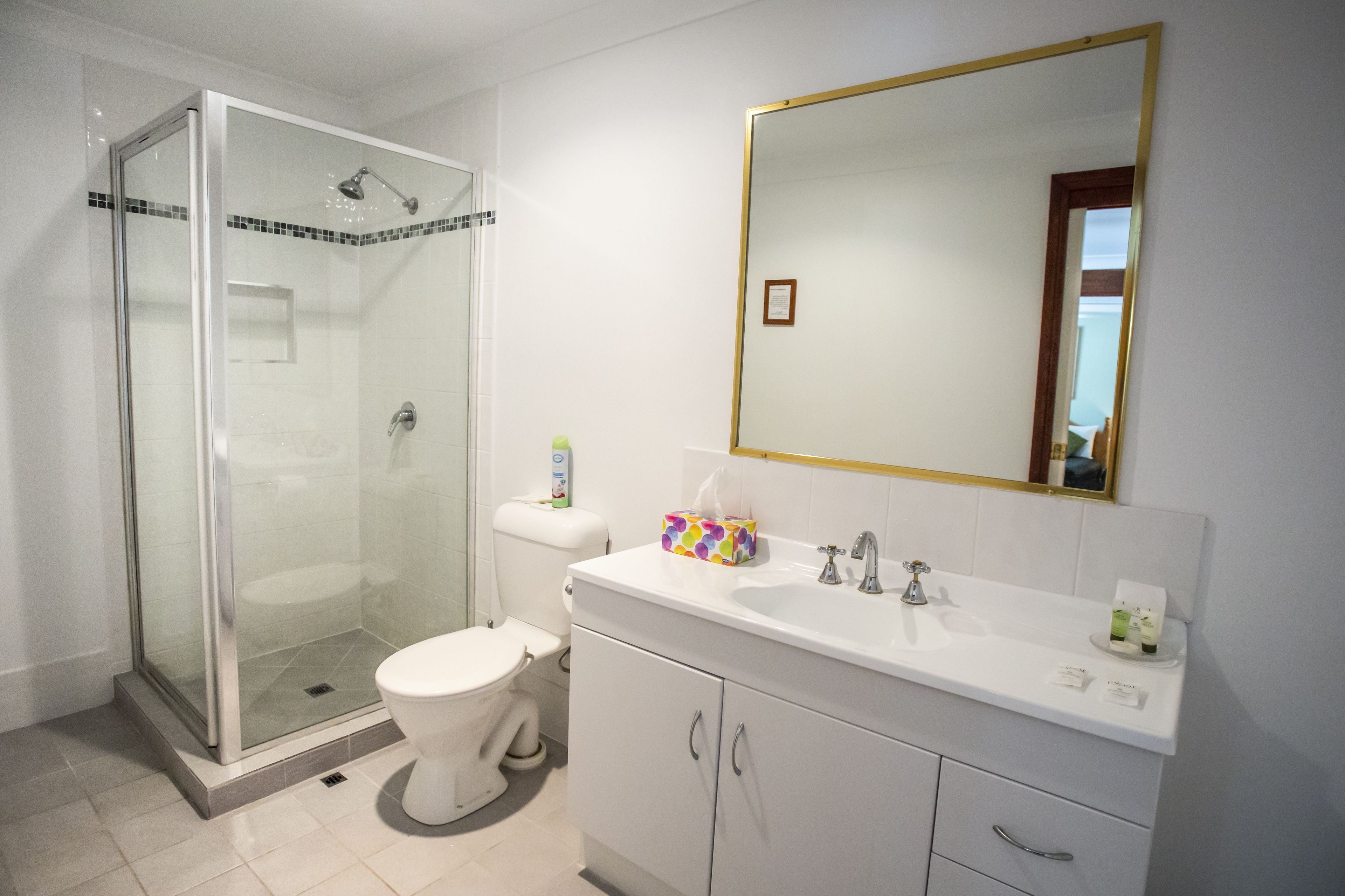 Une salle de bain moderne avec une douche à parois de verre, des toilettes, un lavabo avec un miroir et un meuble de rangement.