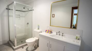 Une salle de bain moderne avec une douche à parois de verre, des toilettes, un lavabo avec un miroir et un meuble de rangement.