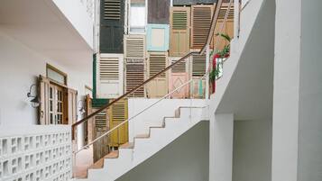Un intérieur à plusieurs niveaux, avec un escalier, des plantes en pot et différents types de volets aux murs.