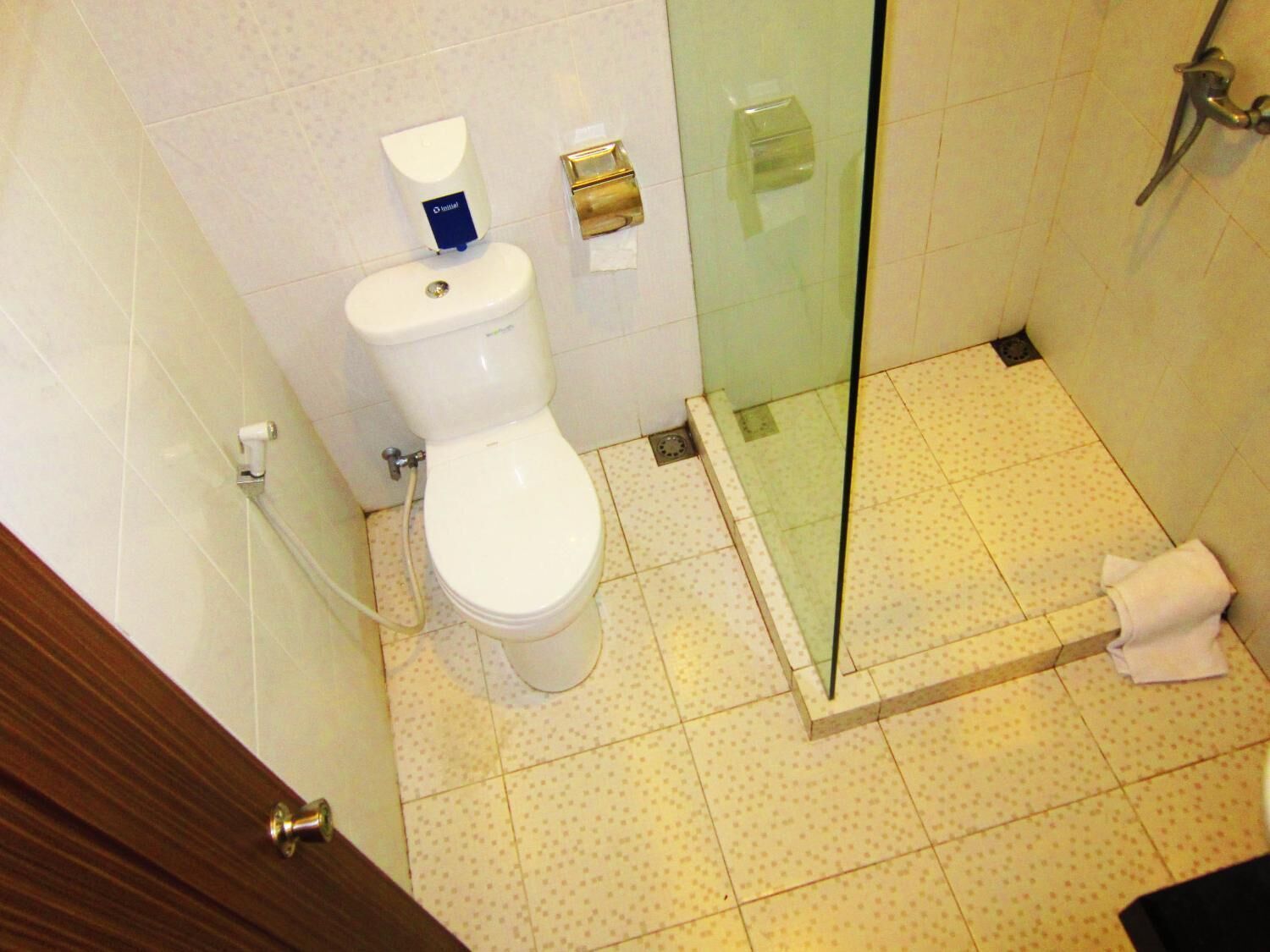 Ein Badezimmer mit Toilette, einer Duschkabine aus Glas und einem Handtuch auf dem Boden.