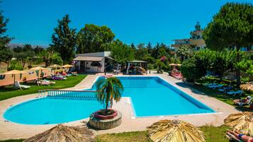 Seasonal outdoor pool, pool umbrellas, pool loungers