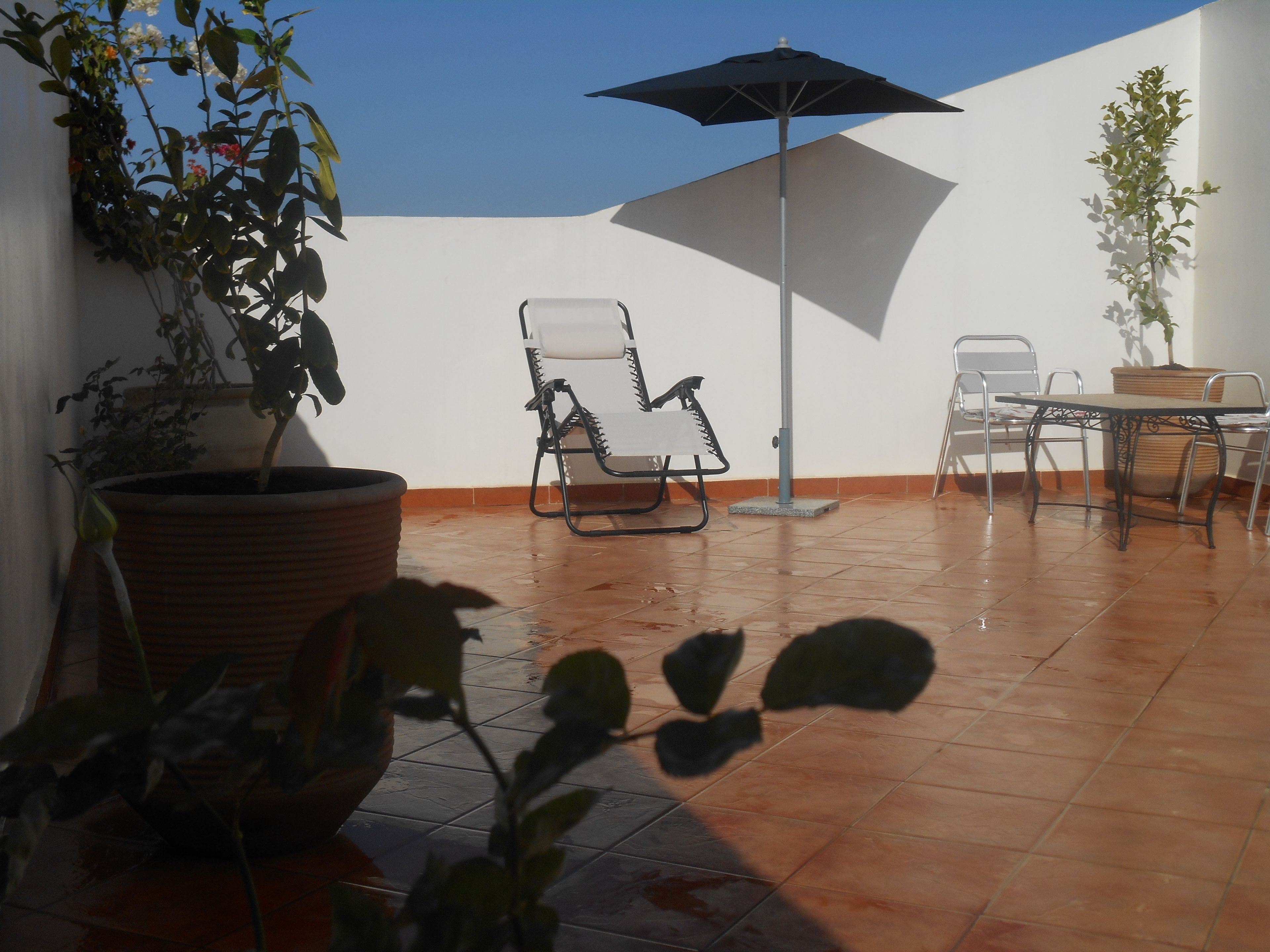 Une terrasse avec une table, des chaises, un grand parasol et des plantes en pot.