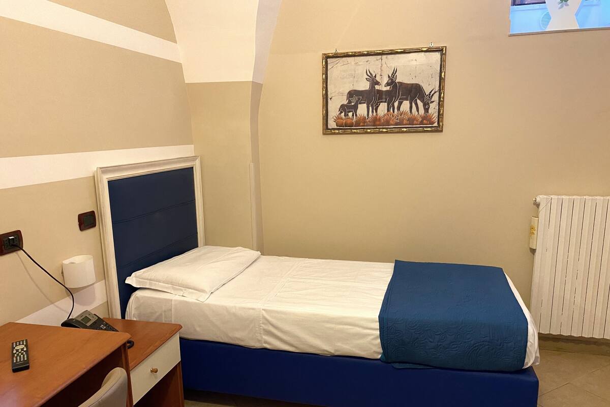 A single bed with a blue headboard and white bedding, a bedside table with a phone, a wall-mounted painting of deer, and a radiator.
