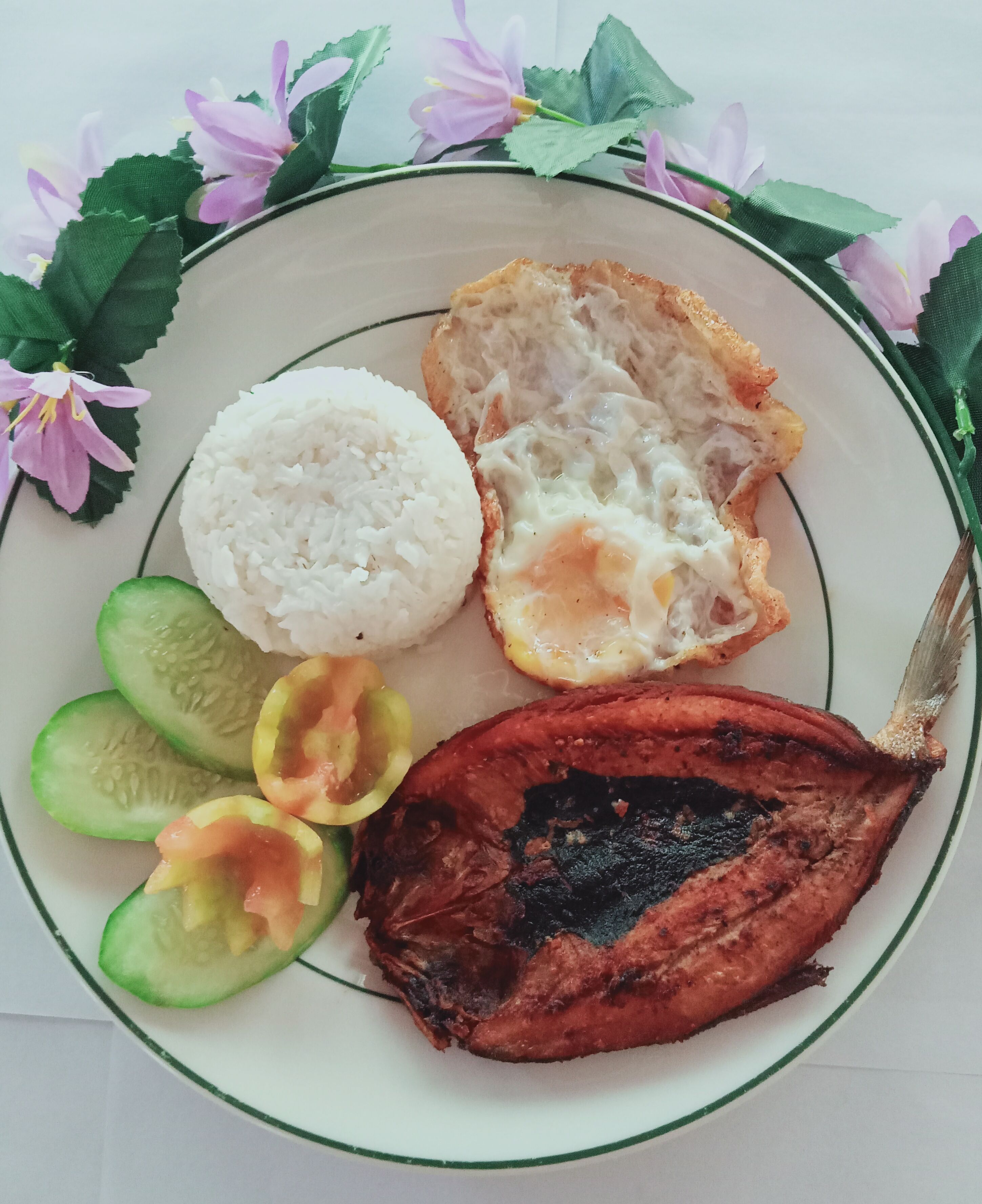 A plate with white rice, a fried egg, grilled fish, and sliced cucumbers.