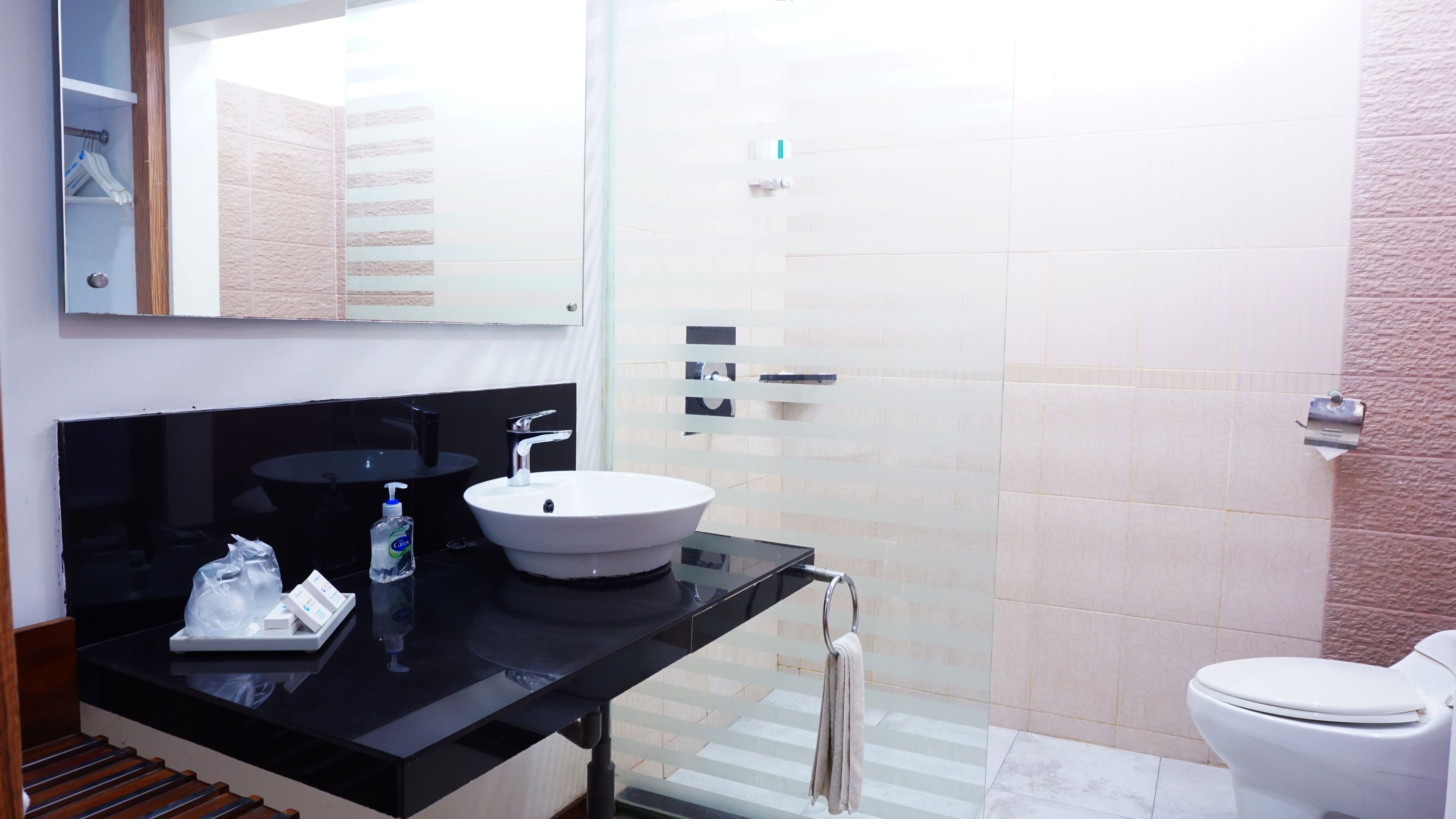 Une salle de bain moderne avec un plan de toilette noir, un lavabo blanc et une cabine de douche en verre.