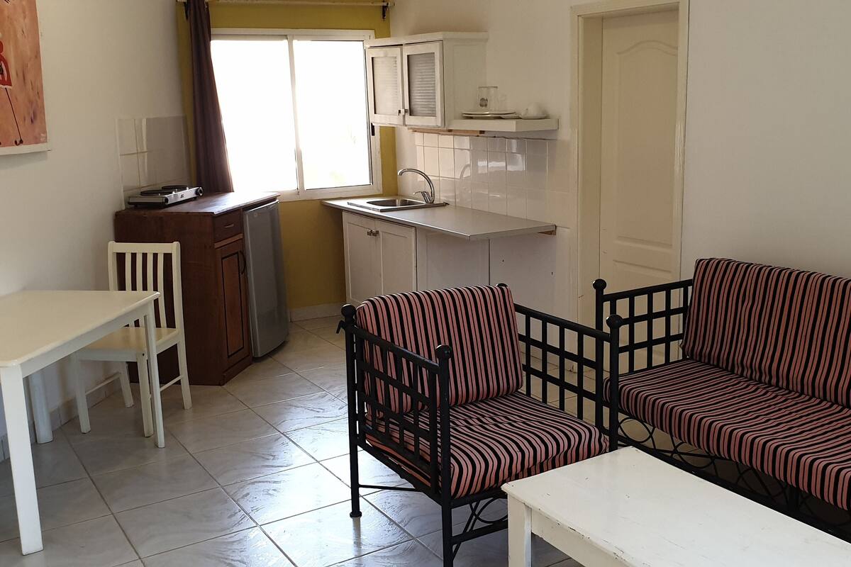 Un espace de vie compact comprenant un coin cuisine, un canapé, une table à manger et une chaise.