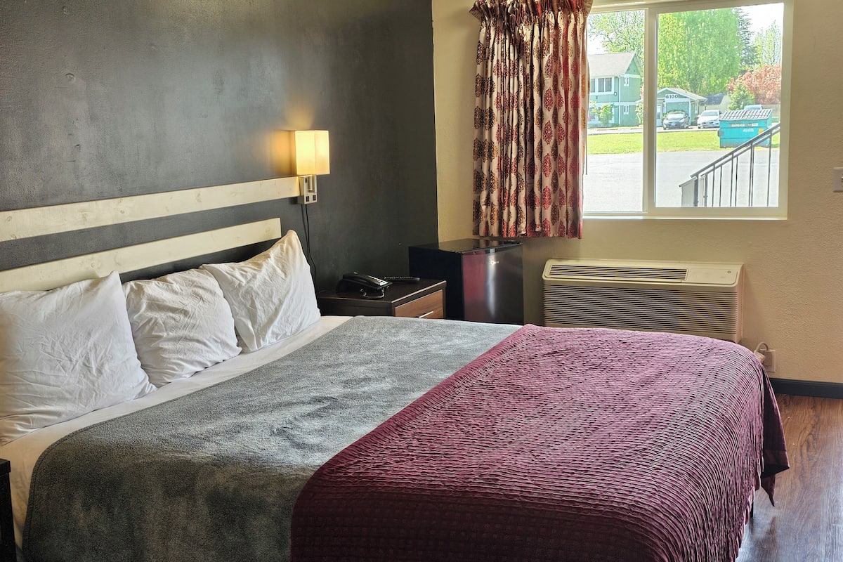 Une chambre d’hôtel équipée d’un lit, d’une lampe de chevet, d’un téléphone, d’un radiateur et d’une fenêtre avec des rideaux.