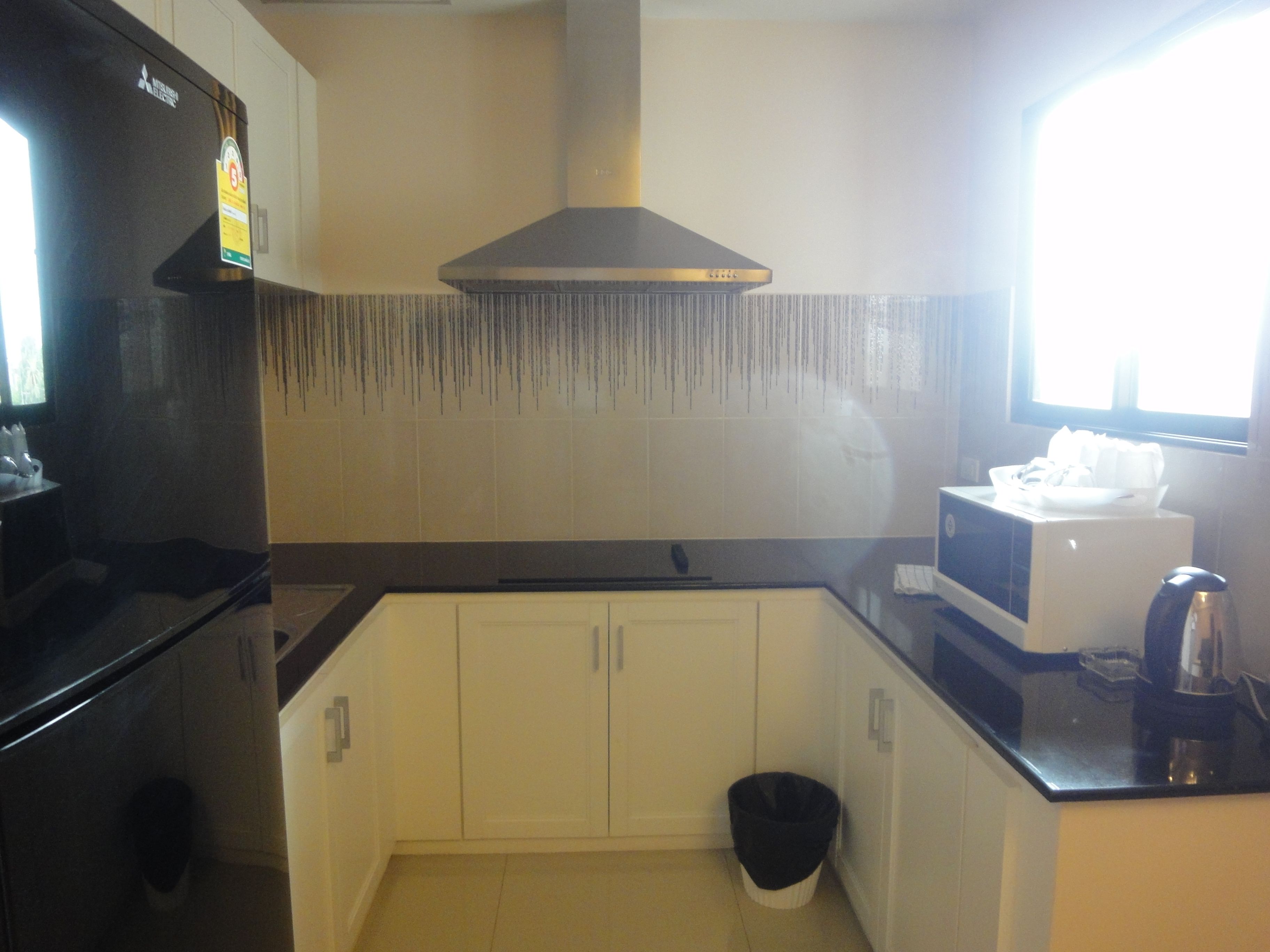 full-sized fridge, microwave, electric kettle