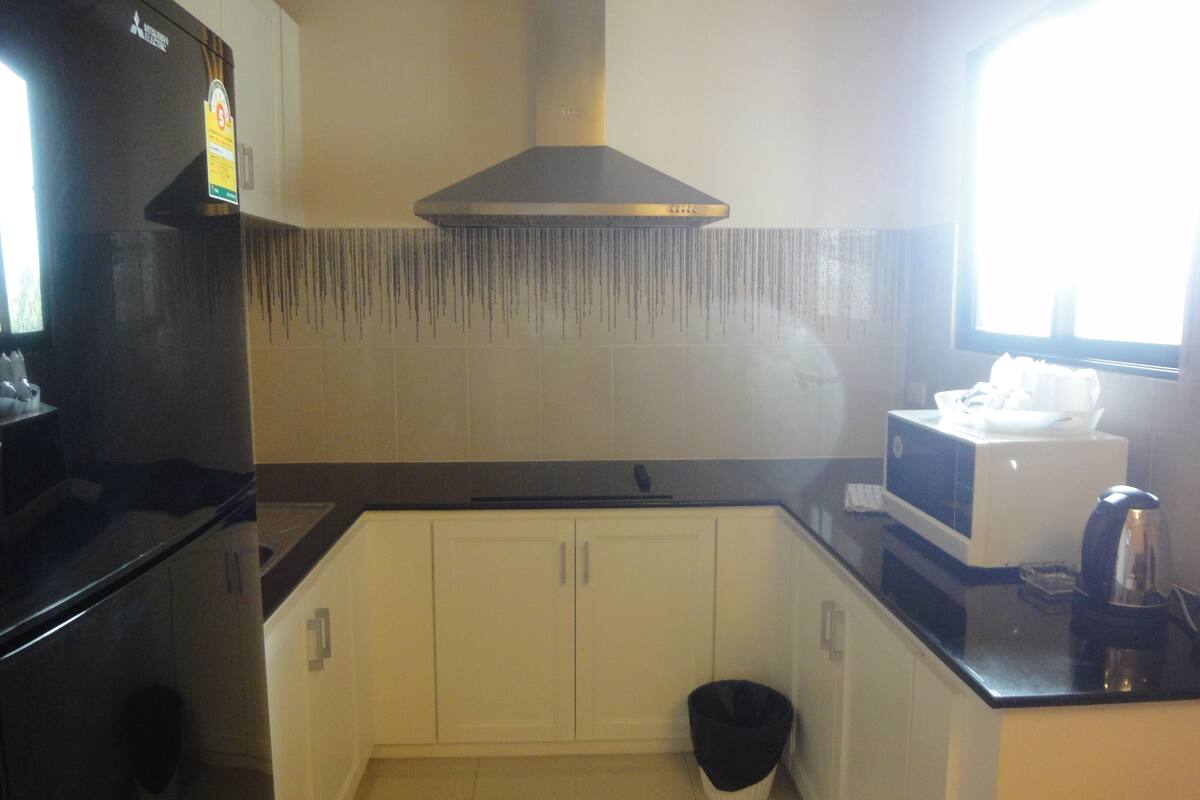 full-sized fridge, microwave, electric kettle