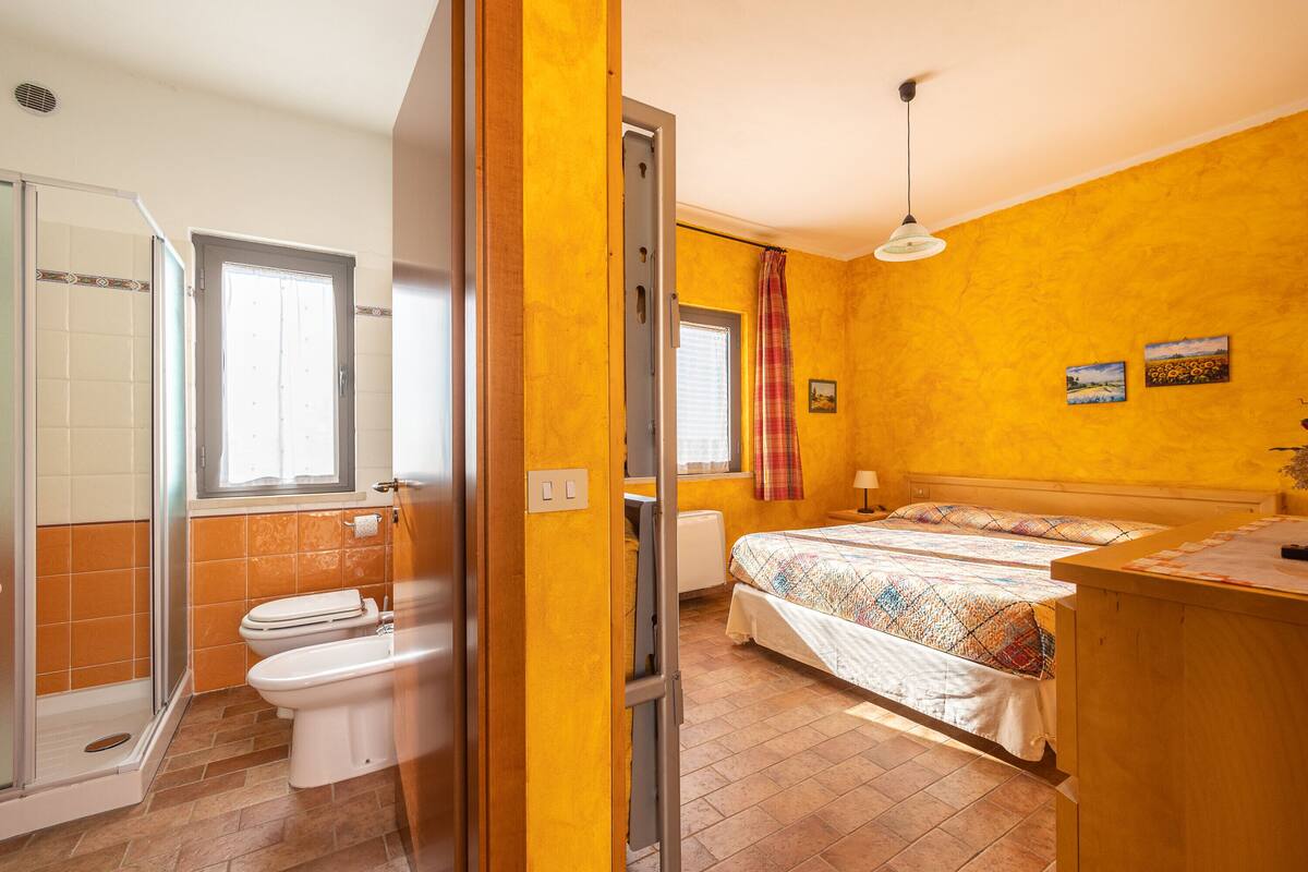 Een kamer met een bed, een badkamer met toilet en douche, en een raam met gordijnen.