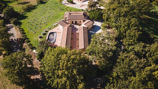 An aerial view of a villa surrounded by lush greenery and a well-maintained garden.