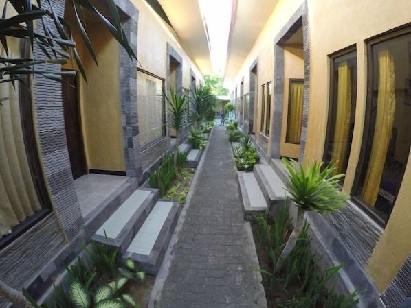 Un pasillo con un camino central bordeado por ventanas y plantas, que conduce a una puerta al final.