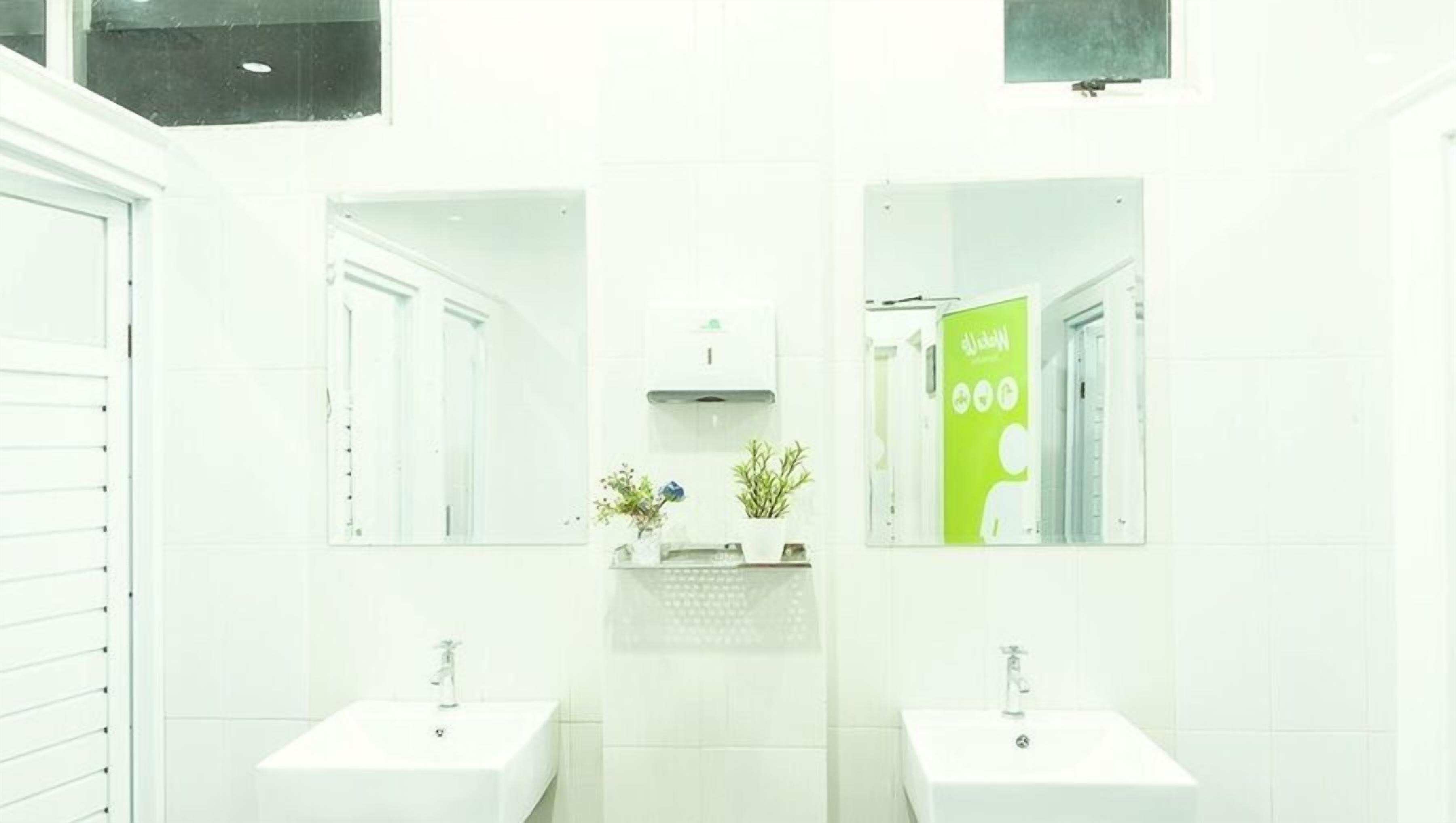 A modern bathroom with two sinks, a mirror, and a green informational poster.